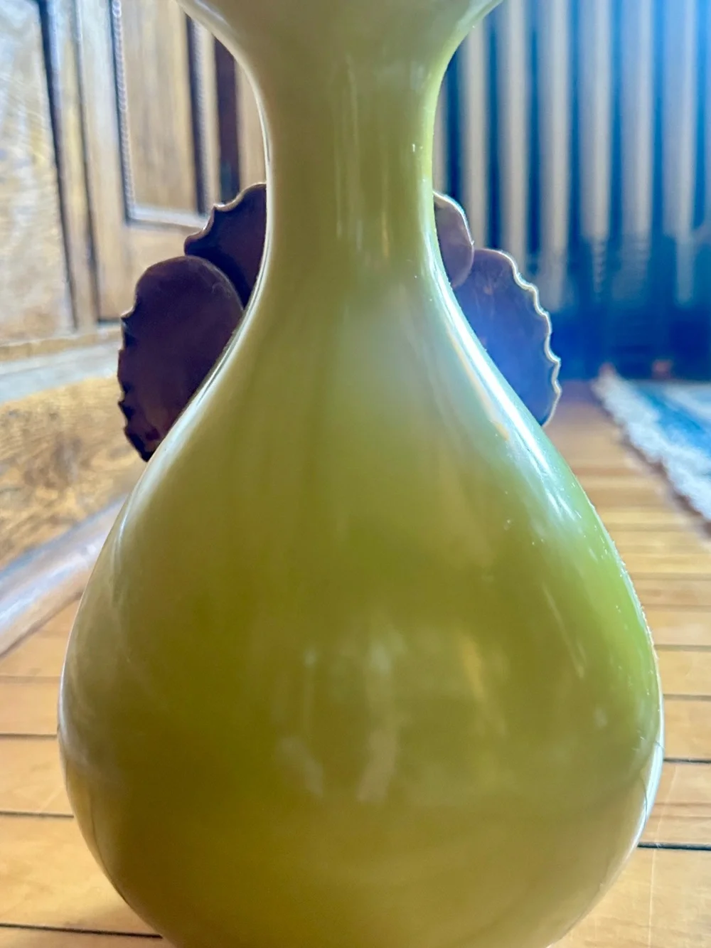 Rare Anthropologie Chartreuse Green Ceramic Vase with Rose of Sharon